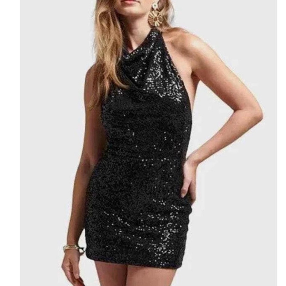 Black sequin mini dress with cowl neck and halter back